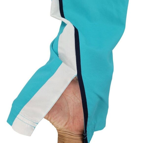 Vtg 80s Turquoise Track Pants L High Rise Drawstring Elastic Waist White Stripe - Picture 6 of 8